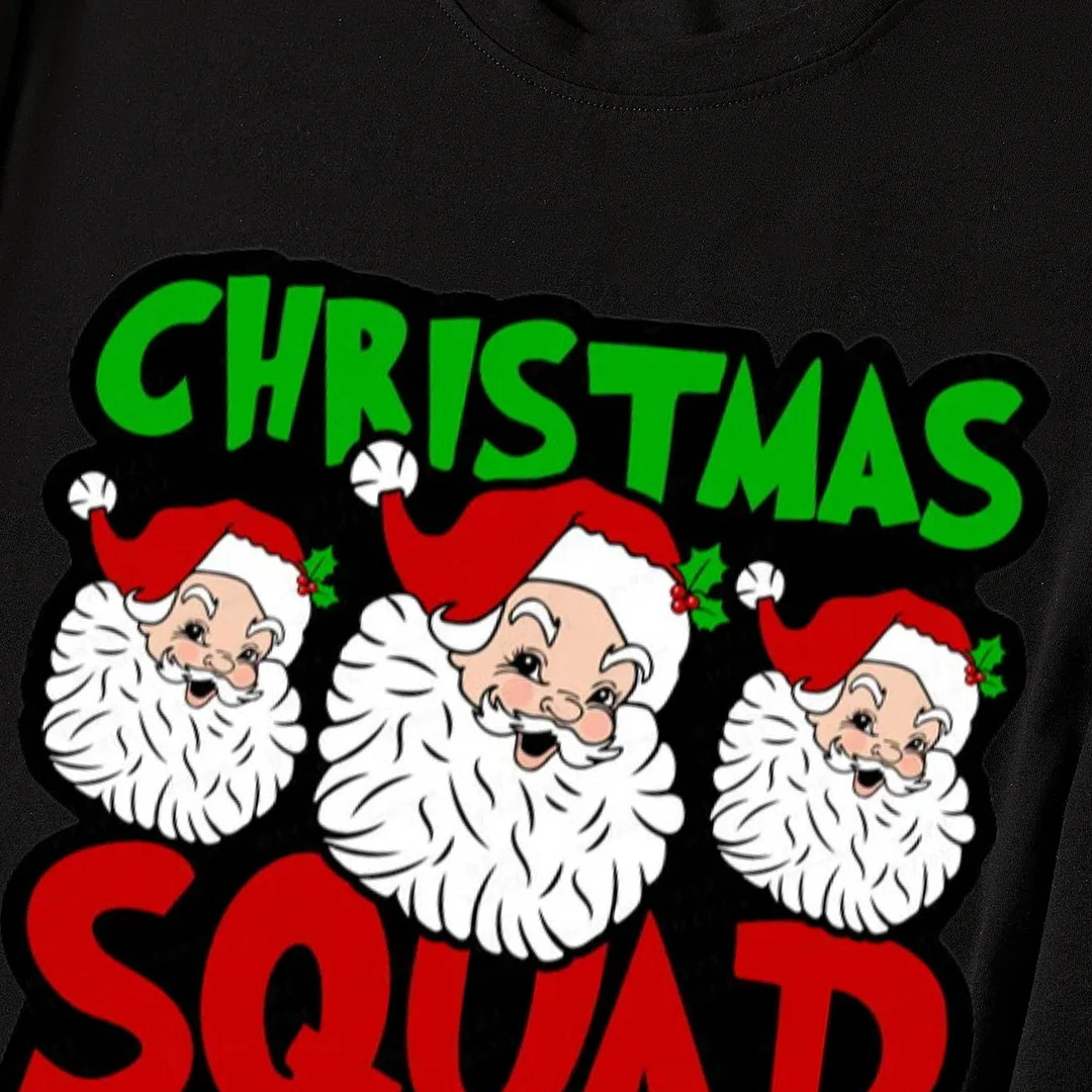 "Santa Squad" and Santa Claus Print Black Top with Red & Green Plaid Pants Family Matching Pajama