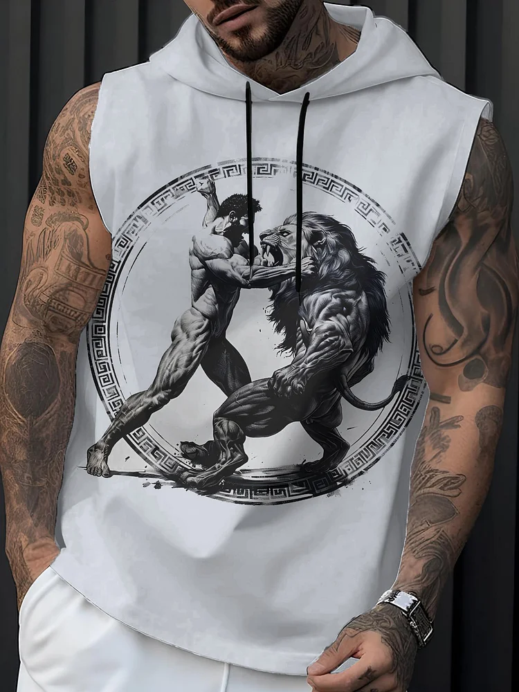 Men's Greek Fighting Between Humans And Lions Print Workout Hooded Tank Top