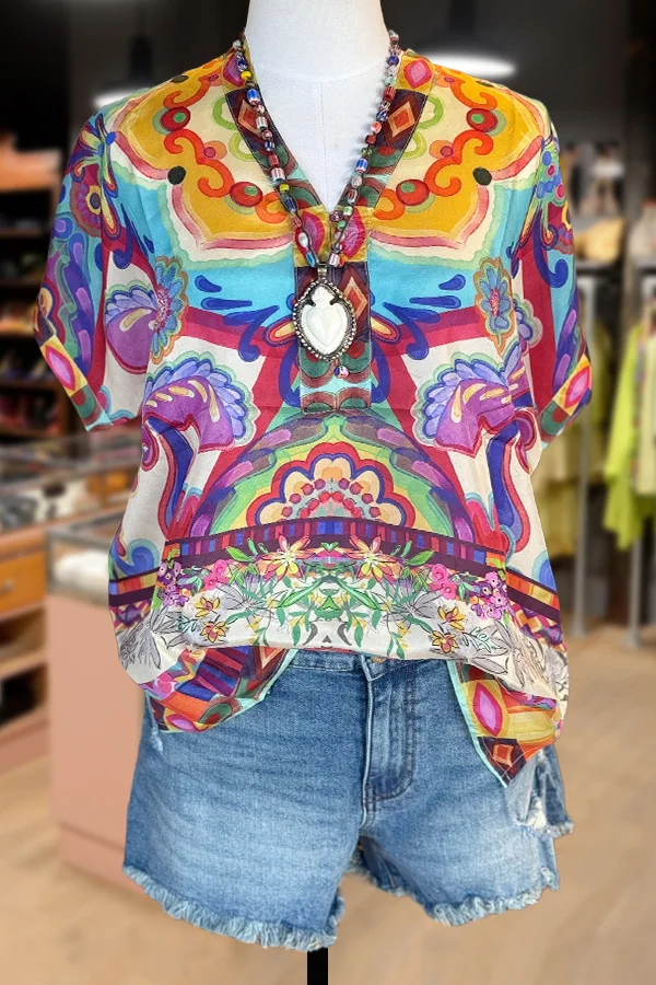 Mixed Print V-Neck T-Shirt