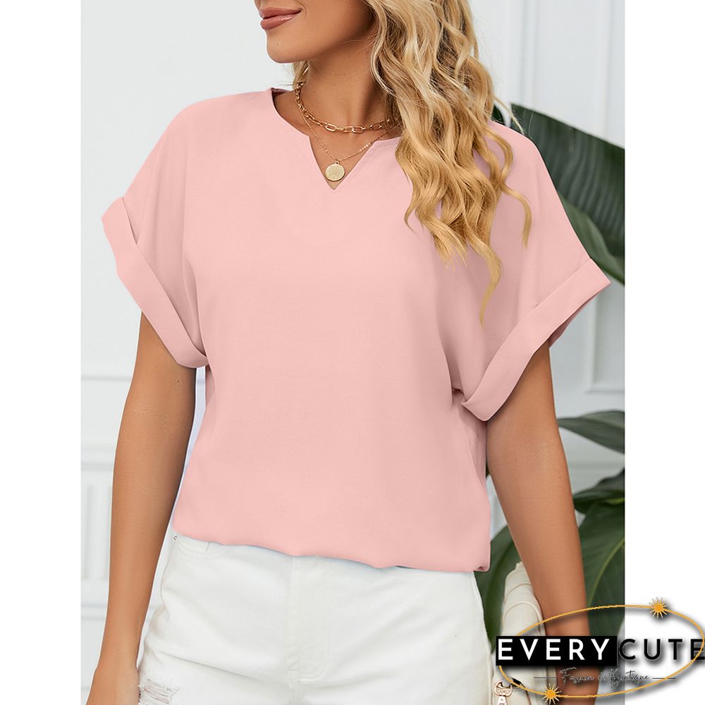 Pink Solid V Neckline Short Sleeve Tops