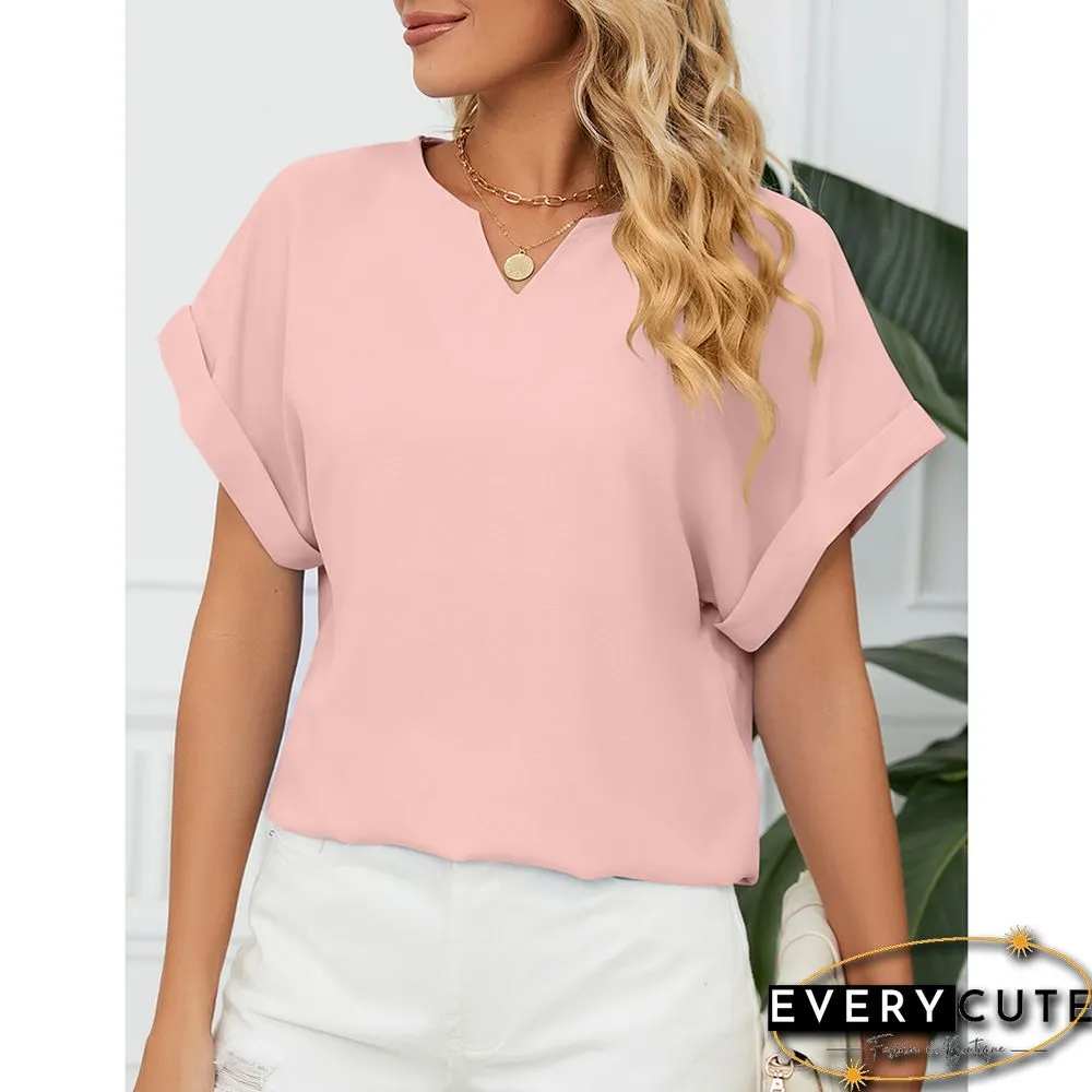 Pink Solid V Neckline Short Sleeve Tops