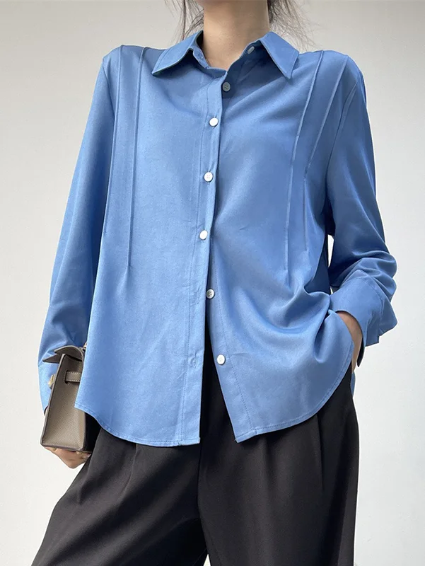Pleated Split-Joint Long Sleeves Loose Lapel Blouses&Shirts Tops