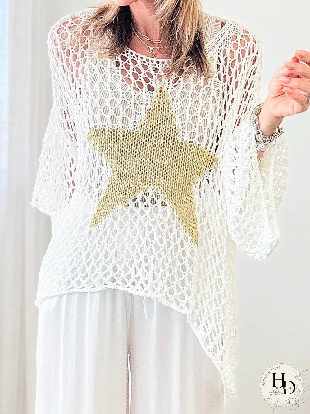 White Crochet Knit Top with Gold Star