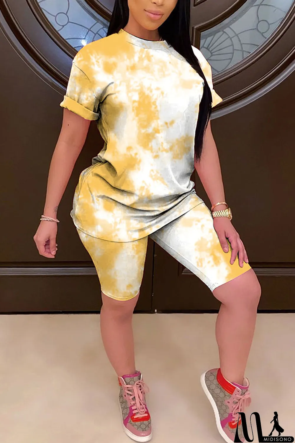 MidiSono - Light yellow Polyester Fashion Casual Print Gradient Two Piece Suits pencil Short Sleeve Two Pieces