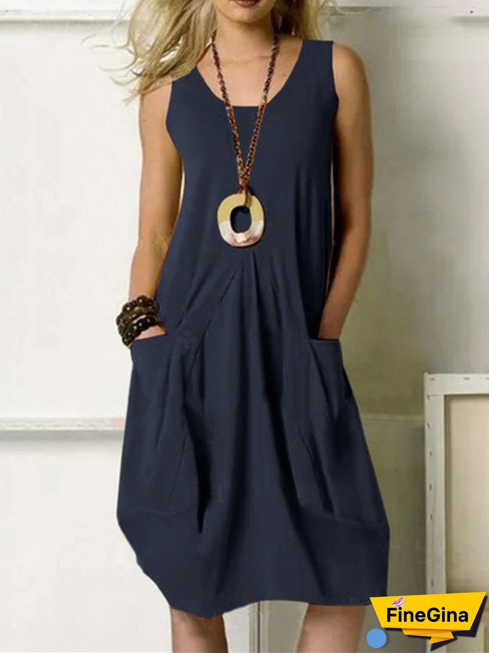 Women'S Dresses Casual Solid Sleeveless Pocket Dress