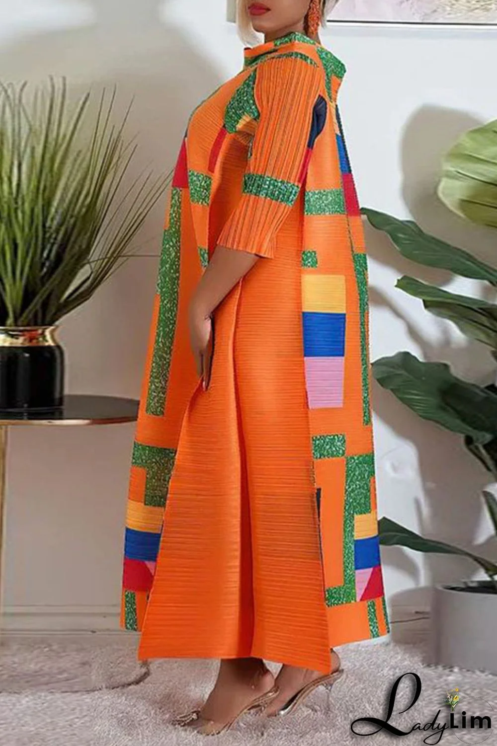 Light Coffee Street Geometric Print Patchwork O Neck Long Dress Dresses