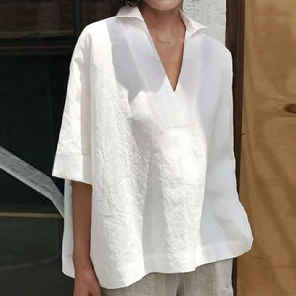 Smiledeer  Women's Summer Fashion V Neck Cotton Linen Solid Color Long Sleeve Shirt