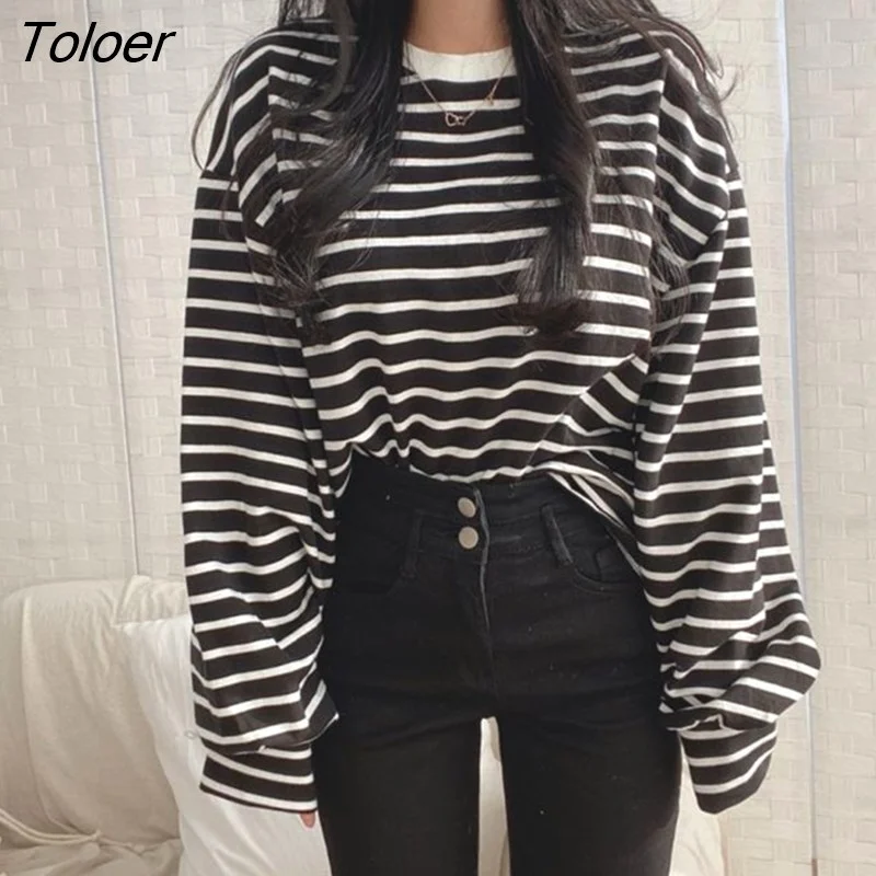 Toloer T-shirts Women Striped Top All-match Stylish Daily Lazy Simple Spring Autumn Long Sleeve Tees Korean Style Hot Sale New