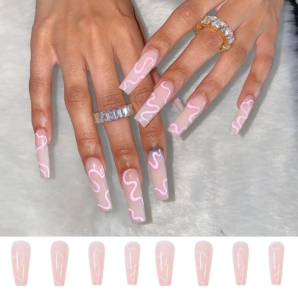 24Pcs/Box Detachable Gradiant Pink Long Coffin False Nails Rhinestone Ballerina Coffin Fake Nails Full Cover Acrylic Nail Tips 1113