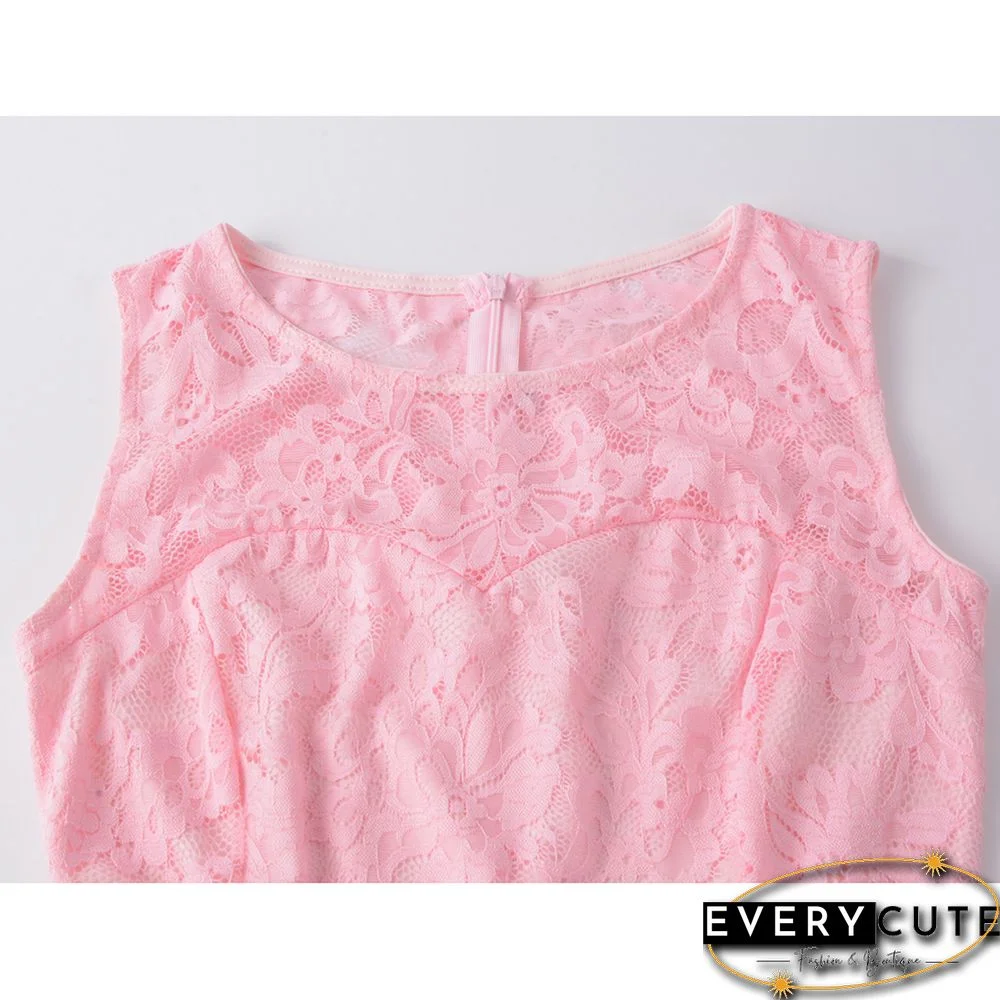 Pink Sleeveless High Low Lace Evening Dress