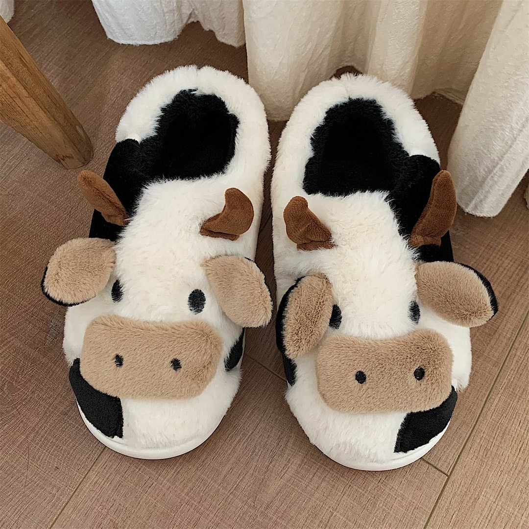 Thick Cotton Warm Home Slippers Women's Winter Anti-Skid Thick Bottom Plush Indoor Household Shoes Lovely Cow Animal Slipper