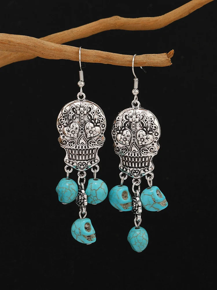 Sugar Skull Carved Turquoise Pendant Earrings