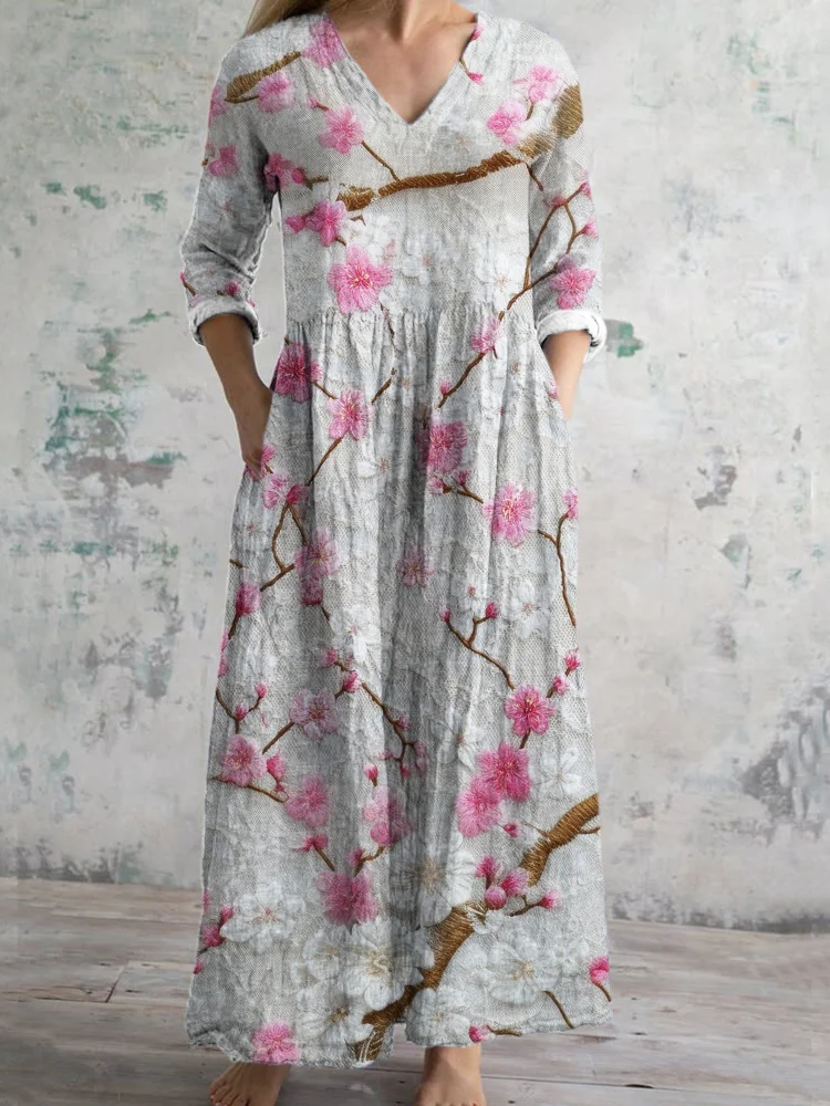 Simpfit Pflaumenfarbenes Maxikleid aus Leinen mit Spitze und Blumenmuster für Damen