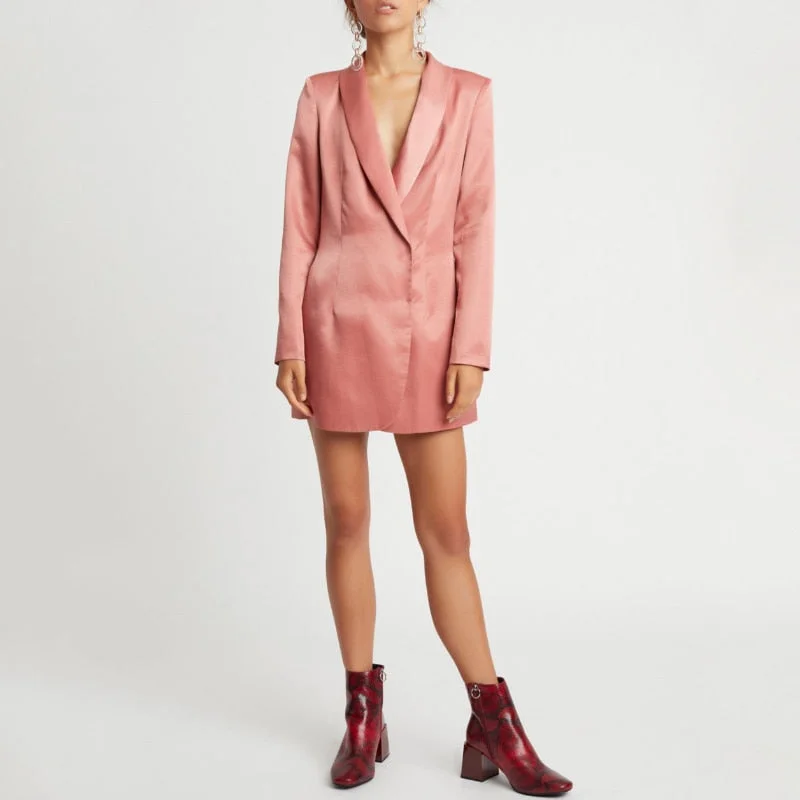 Msfancy Pink Blazer Dress Women 2021 Vintage Slim Long Suit Jacket Mujer Hidden Breasted Satin Mini Robes