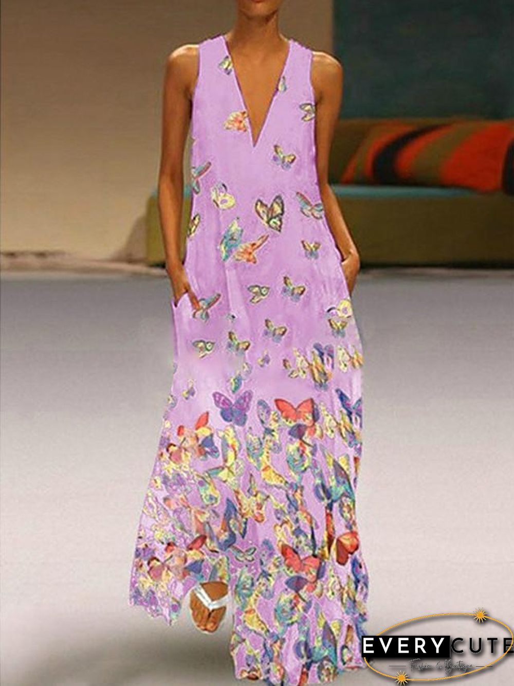 Women's A-Line Dress Maxi long Dress - Sleeveless Butterfly Animal Print Summer Deep V Plus Size Hot Casual Beach  White Purple Yellow Blushing Pink Light Blue S M L XL XXL 3XL 4XL 5XL White Dresses