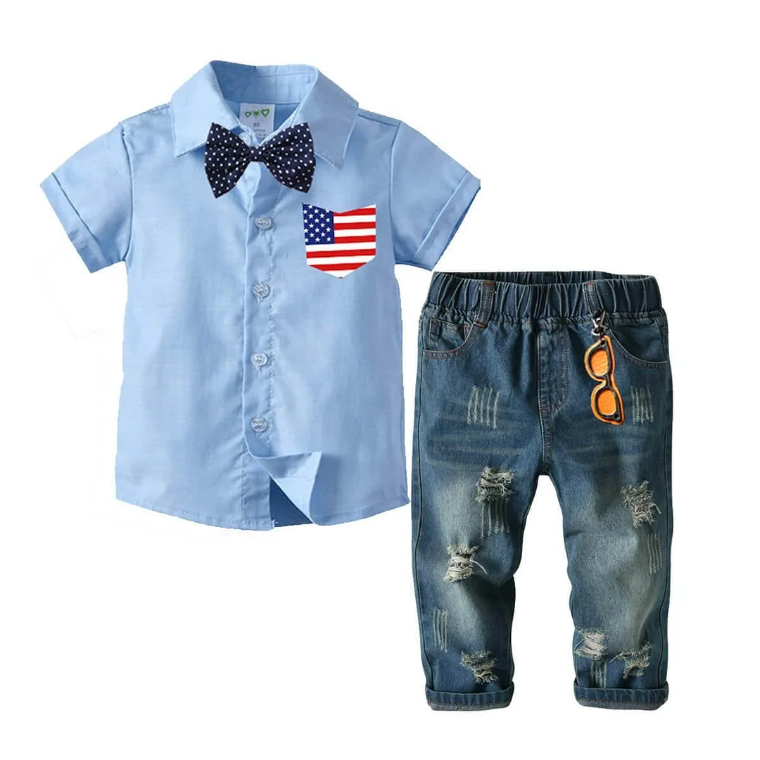 Buzzdaisy Baby Boys Blue Shirt With American Flag Pocket Ripped Jeans 3Set Suits