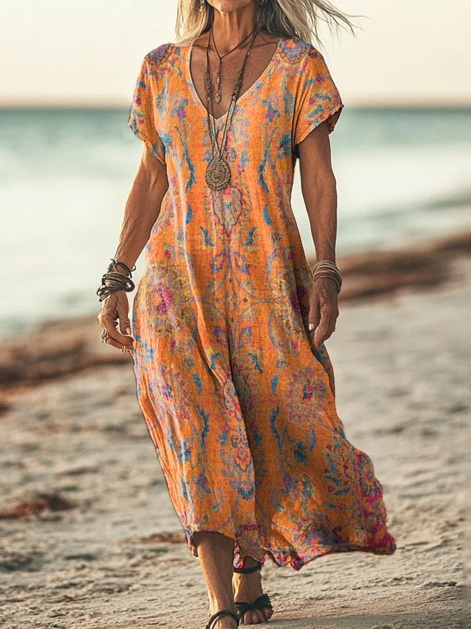 Women's Retro Ethnic Totem Print Pocket Cotton Dress