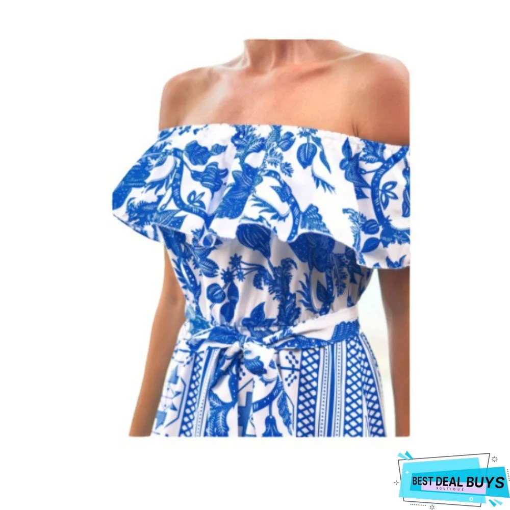 Printed Dress with One-Line Collar and High Waist For Women