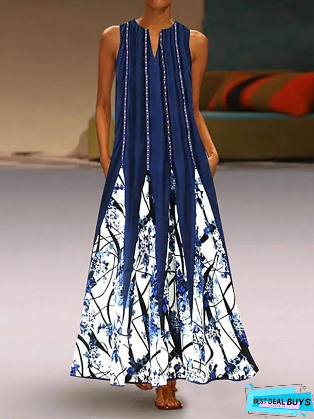 Women's Tunic Maxi Long Dress Sleeveless Tribal Print Summer Plus Size Hot Casual White Black Blue Red Green