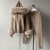 Jxwatcher Women's Sweater Set Real Fox Fur Collar and Cuffs Wool Blend Hooded Knitted Tops Ladies Autumn Fashion Pullover Female