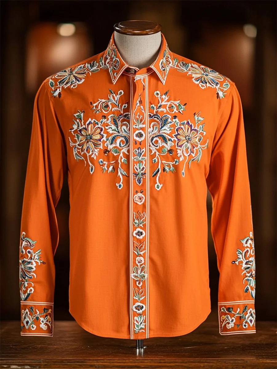 Men's Retro Casual Western Ethnic Print Long Sleeve Shirt 