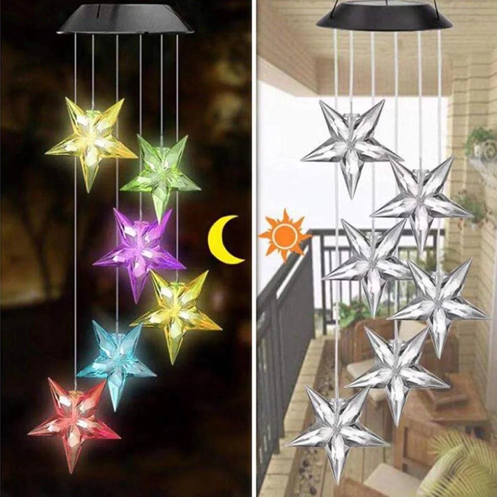 Solar Color Changing Wind Chime Lamps Star Moon Pendant Garden Light (A)