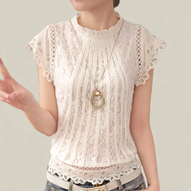 2021 Short Sleeve Tops Patchwork Crochet Women Shirt Stand Collar Elegant Women Ladies White Lace Blouse Plus Size Blusa 01C