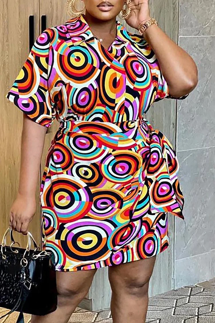 Plus Size Multicolor Daily All Over Print Short Sleeves Lapel Wrap Mini Dresses