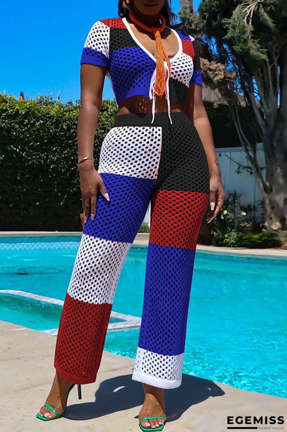 Black Casual Print Bandage Hollowed Out Patchwork V Neck Short Sleeve Two Pieces | EGEMISS