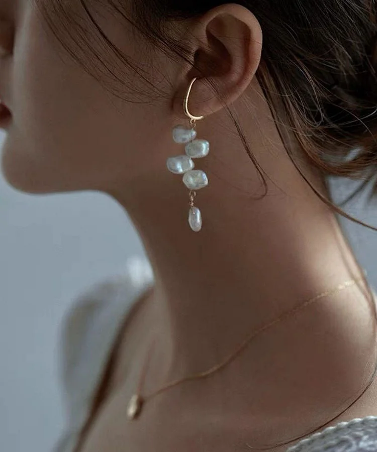 Boho White Alloy Asymmetric Pearl Drop Earrings
