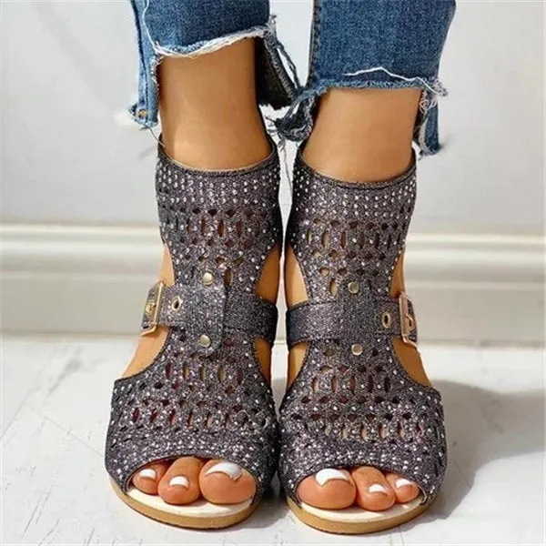 Studded Hollow Out Peep Toe Buckled Sandals