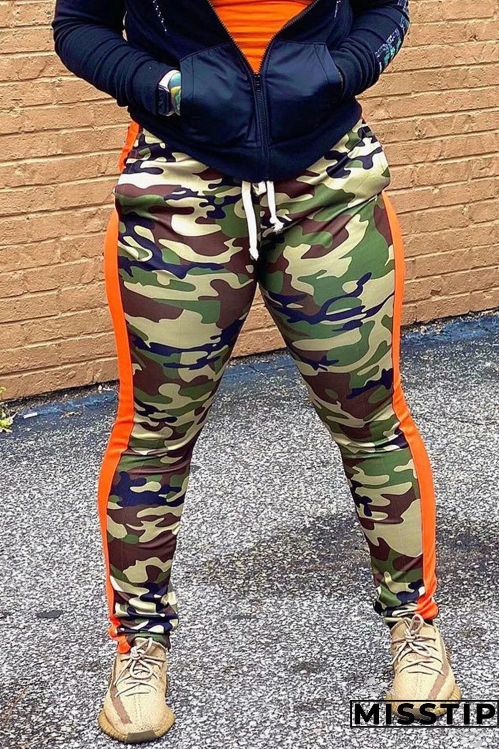 Green Casual Camouflage Print Regular Mid Waist Pencil Bottoms