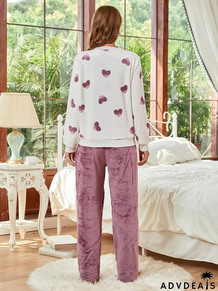 Heart Print Flannel Sweatshirt & Pants PJ Set