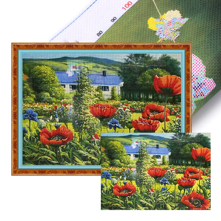 Poppy Flower Landscape (55*40cm) 11CT Stamped Cross Stitch gbfke