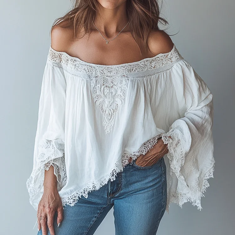 Ursime Boho Off Shoulder Flare Sleeve Lace Trim Blouse