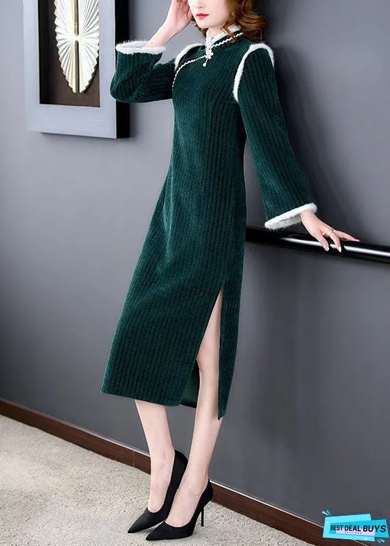 Unique Green Patchwork Side Open Thick Velour Maxi Dress Long Sleeve