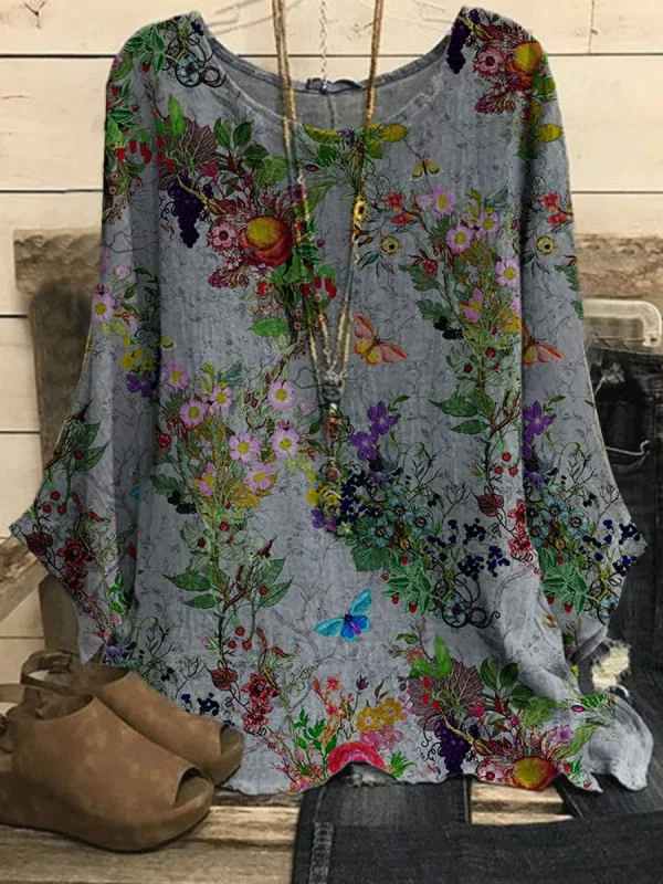 Round Neck Floral Print Long-sleeved Blouse