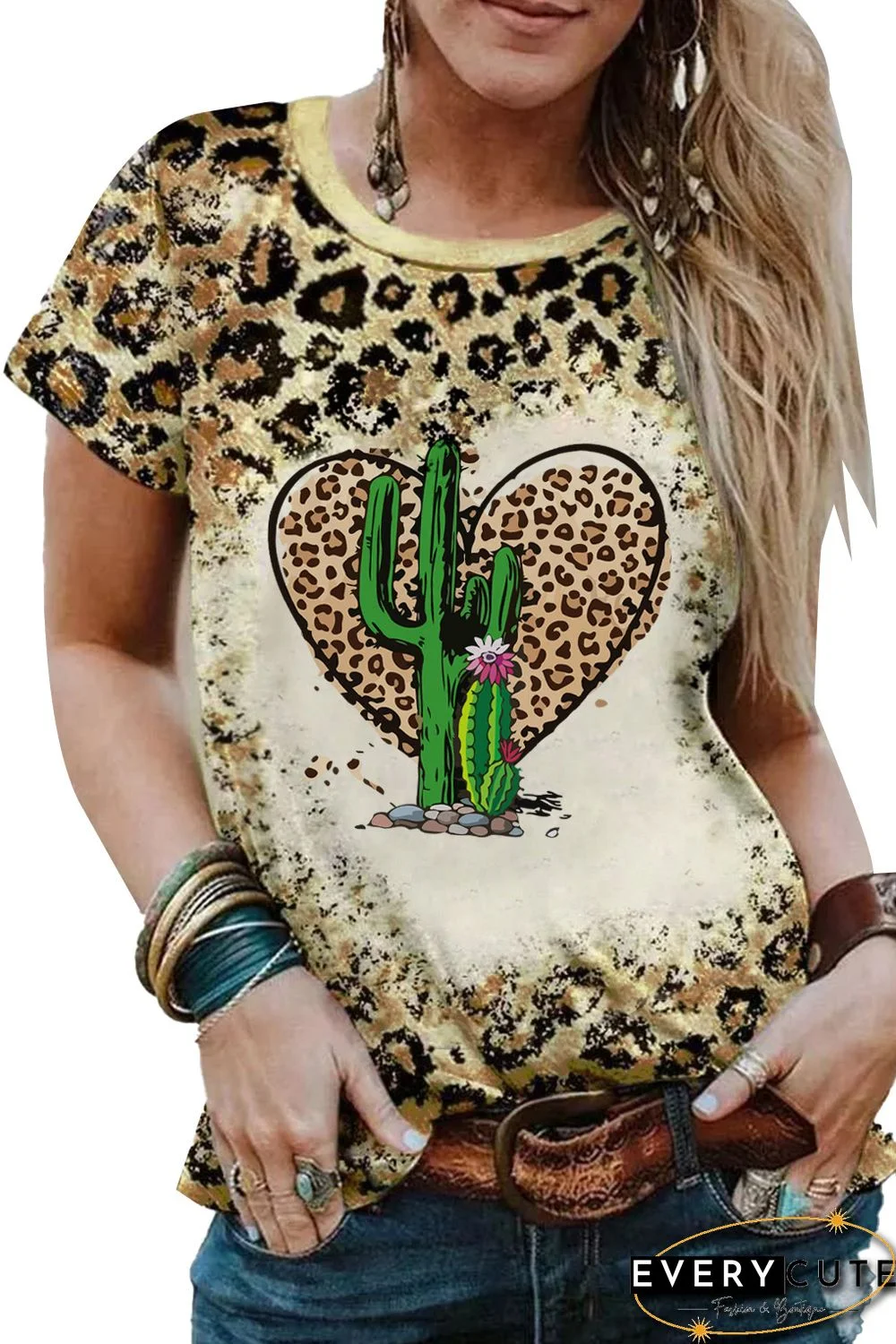 Leopard Cactus Heart Graphic Print T Shirt