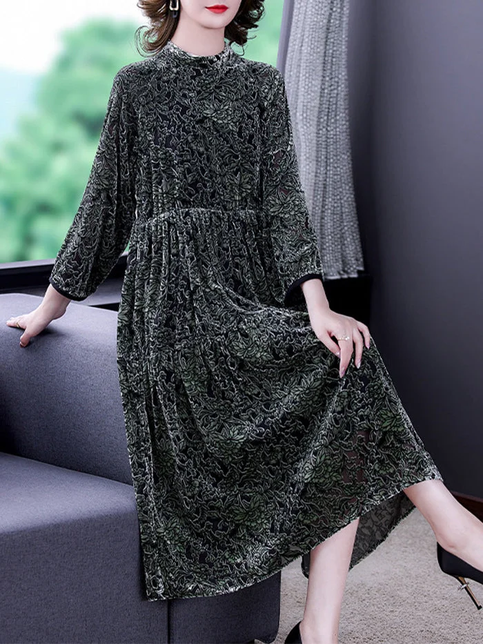 Fashion Round Neck Velvet Floral Dress