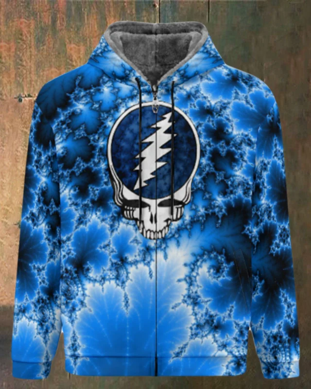 Unisex Skull Print Double Layer Fleece Zip-Up Hooded Jacket