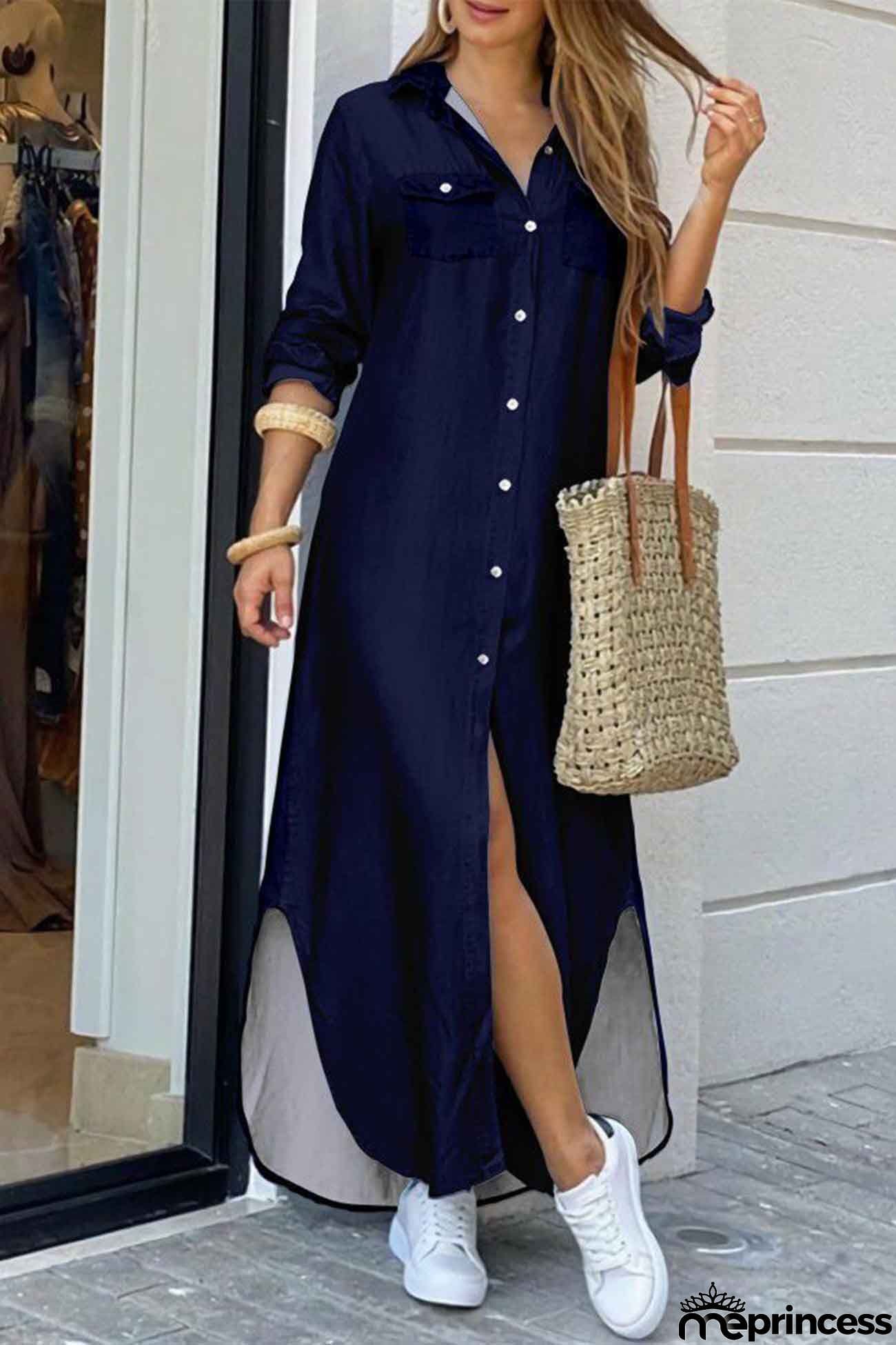 Long Sleeve Button Up Pocket Shirt Dress