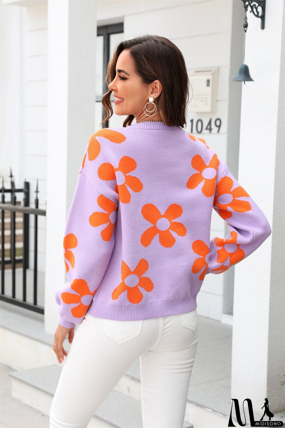 MidiSono - Floral Print Round Neck Dropped Shoulder Pullover Sweater