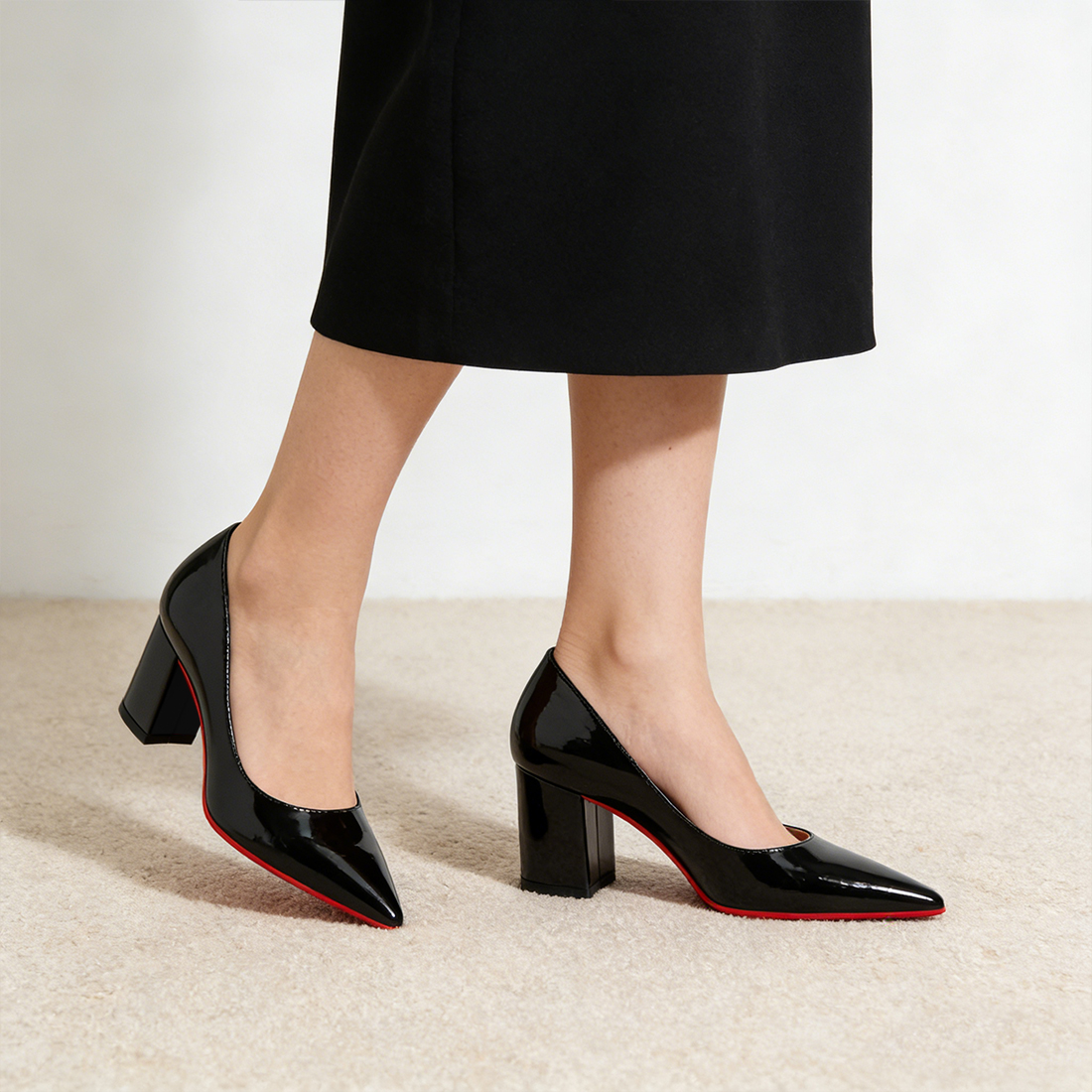 65mm Women Chunky Heels Red Bottom Shoes Comfortable Middle Block Heel Pumps-MERUMOTE