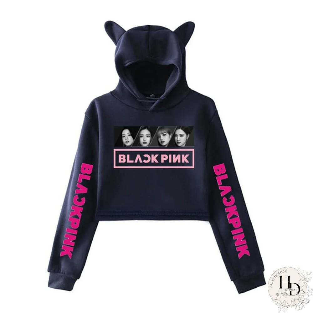 Women's Exposed Umbilical Short Sleeve Kpop Blackpink Lisa Jennie Rose Jisoo Print Hoodies Sweatshirt Cat Ear Crop Tops Pullover