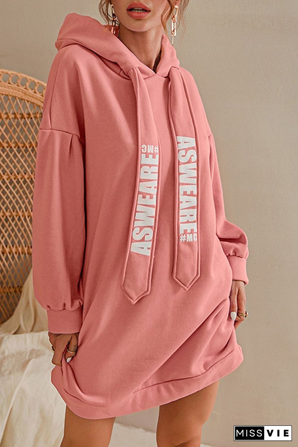 Letter Print Drawstring Hooded Dress