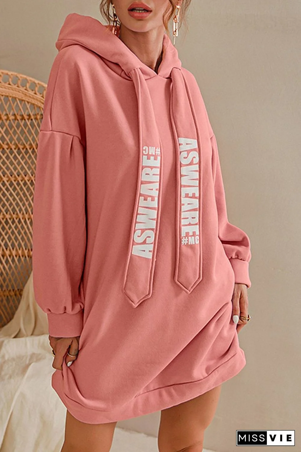 Letter Print Drawstring Hooded Dress