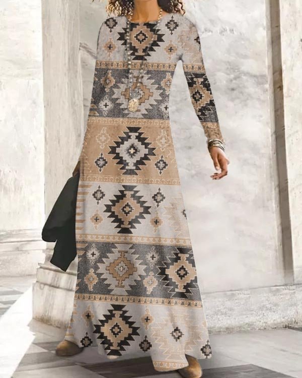Ethnic Long Sleeve Crew Neck Casual Dresses