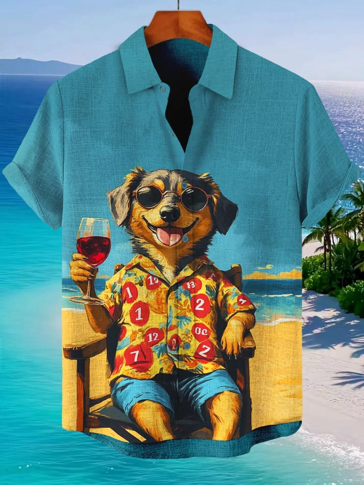 Men's Dog Wearing Number Printed Shirt Drinking Wine On Vacation Art Print Casual Shirt