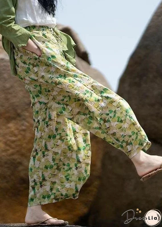 Loose Green Print Pockets Patchwork Cotton Wide Leg Pants Summer