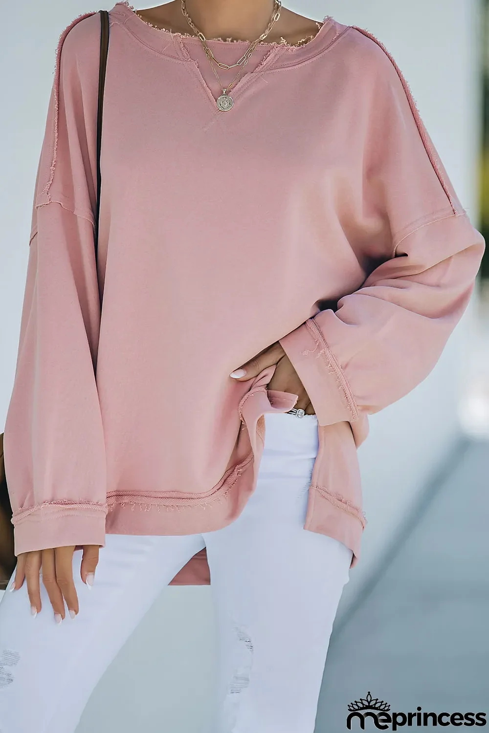 Pink Frayed Trim Side Slit Loose Sweatshirt
